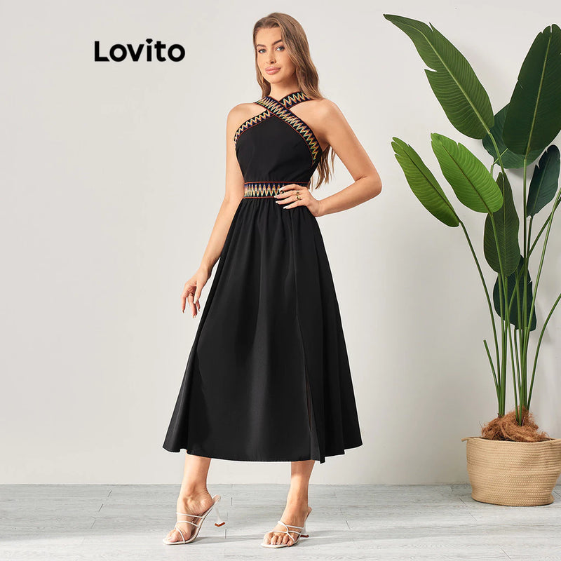 Lovito Vestido Boho com Bloco de Cores e Plissado