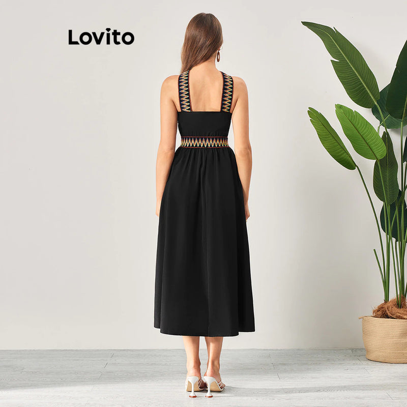 Lovito Vestido Boho com Bloco de Cores e Plissado