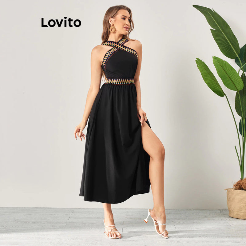 Lovito Vestido Boho com Bloco de Cores e Plissado