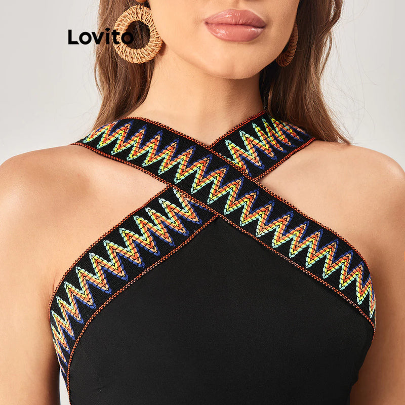 Lovito Vestido Boho com Bloco de Cores e Plissado
