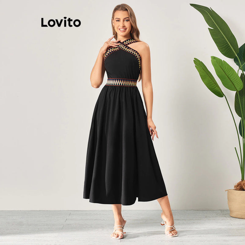 Lovito Vestido Boho com Bloco de Cores e Plissado